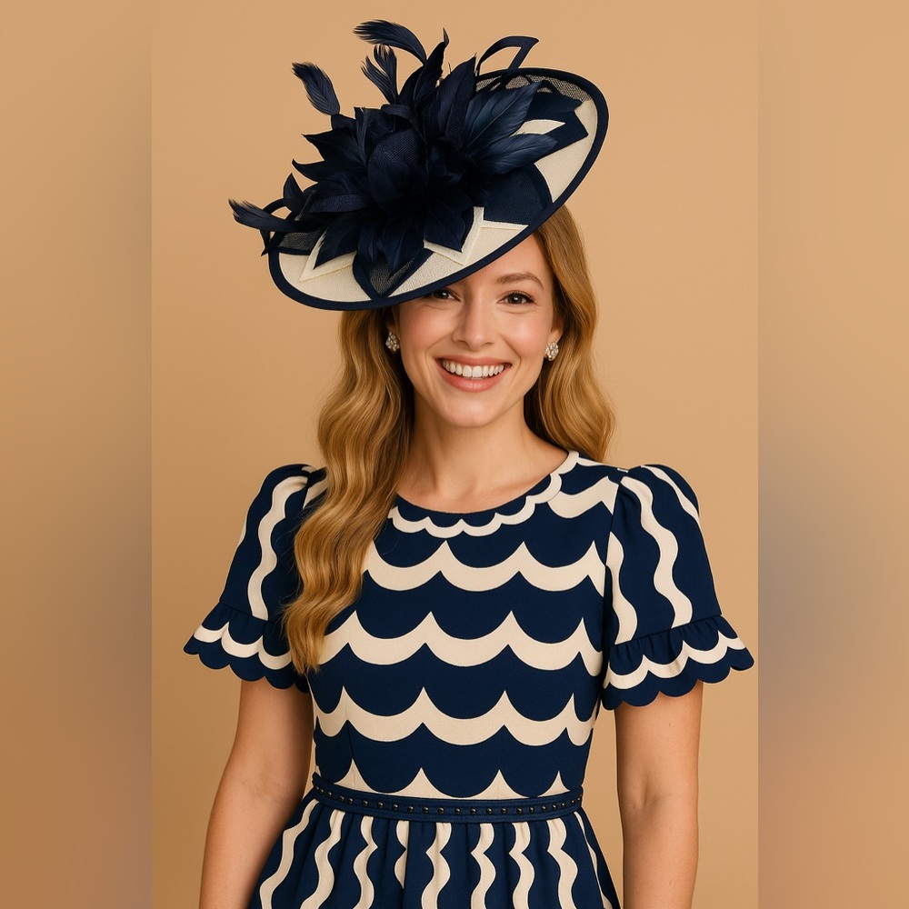 Navy & Cream Feather Fascinator Hat – Derby, Wedding, or Garden Party Elegance